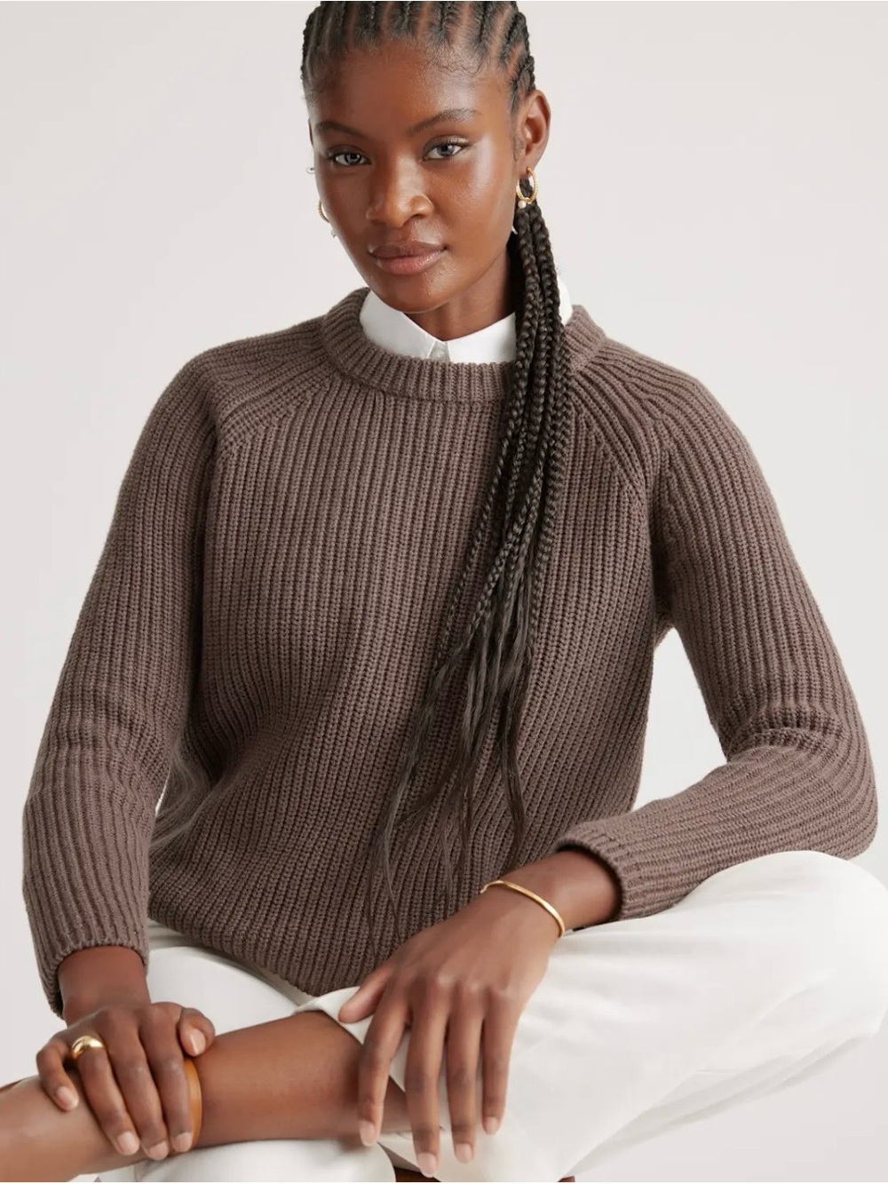 Quince Heather Brown 100% Organic Cotton Fisherman Crew Neck Sweater Med